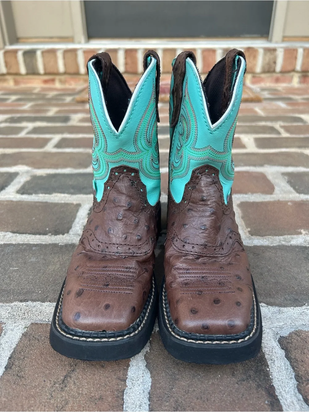Justin Gypsy Ostrich Western Boots Chocolate Brown Turquoise Leather Girls 12